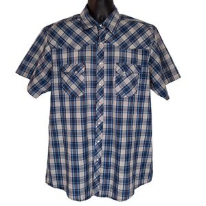 VTG Wrangler Wrancher Western Shirt Blue Plaid Short Sleeve Pearl Snap Mens XXL